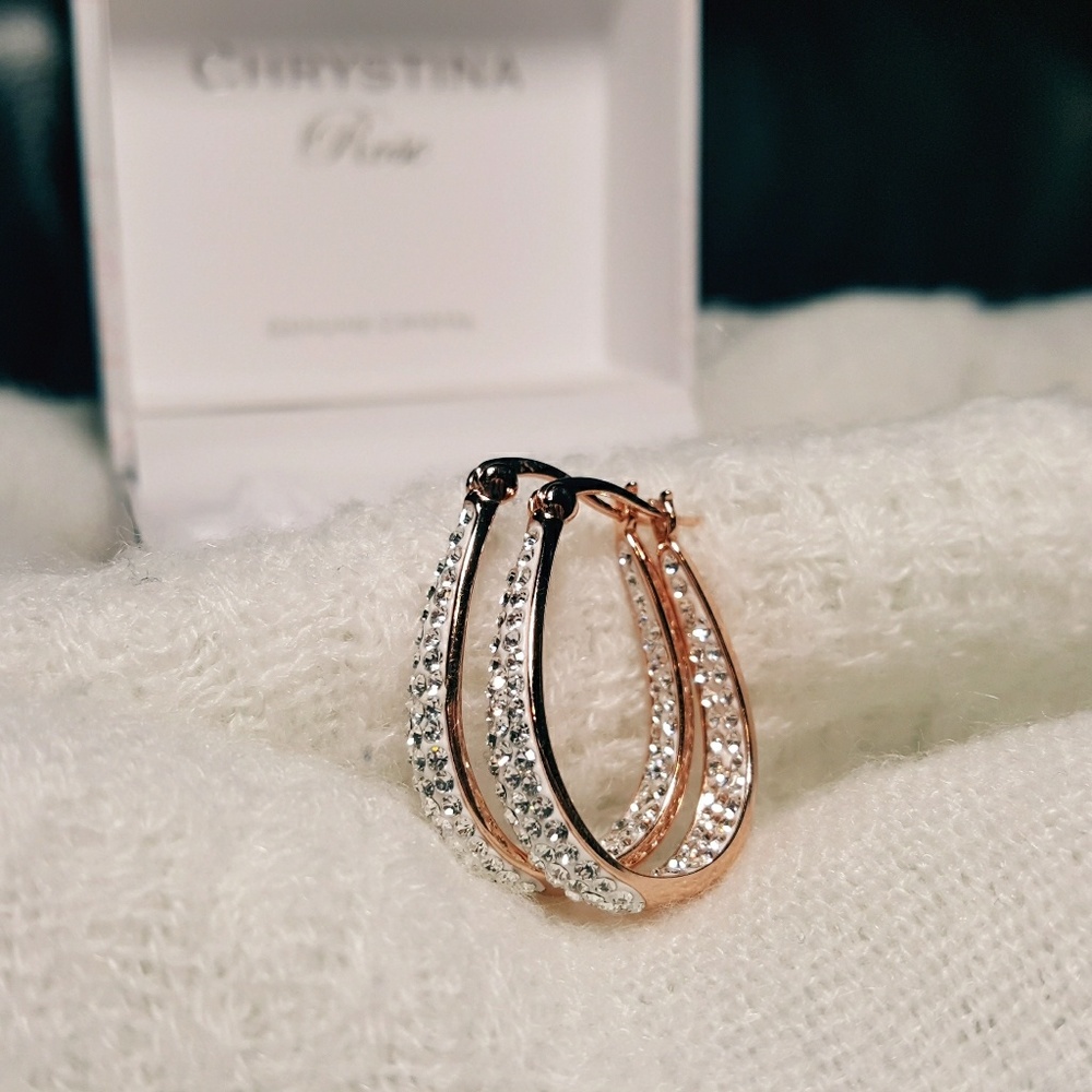 14k Rose gold sparkly oval hoop earrings